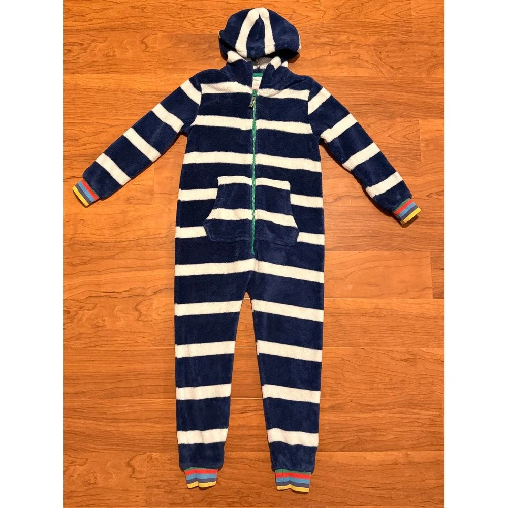 Boden Cosy Fleece Onesie Kids Navy White Fleece Hooded One Piece Pajamas 8-9Y